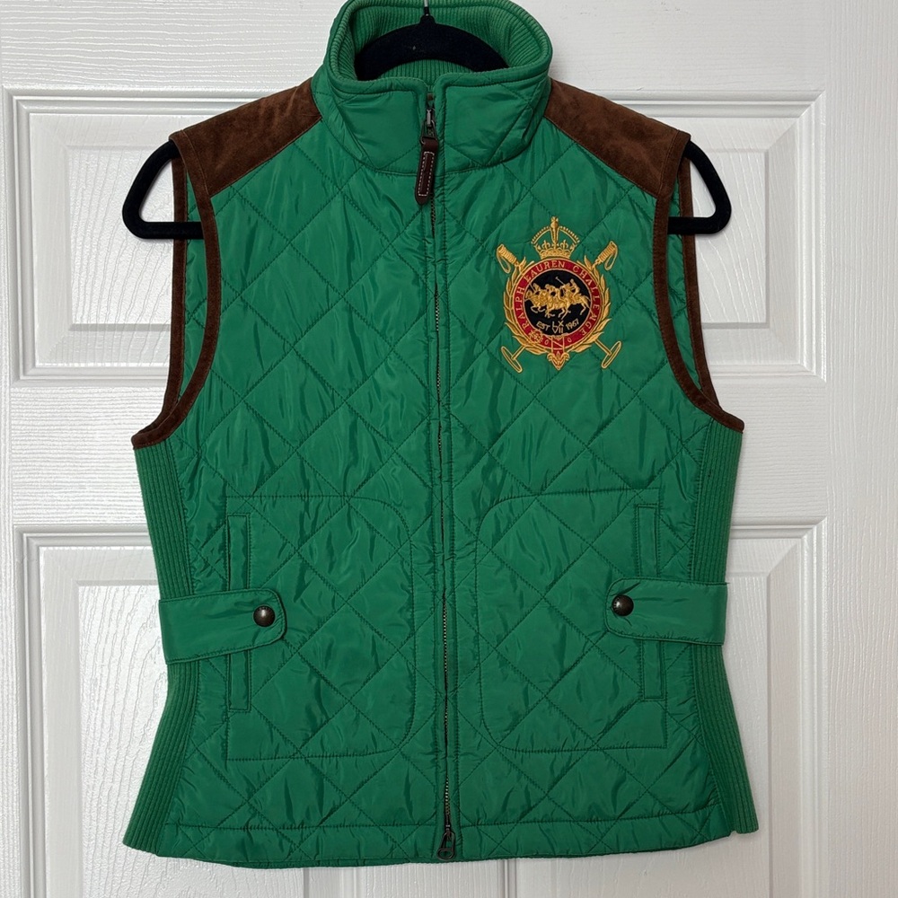 Ralph Lauren Green Quilted Vest with Brown Suede Accents